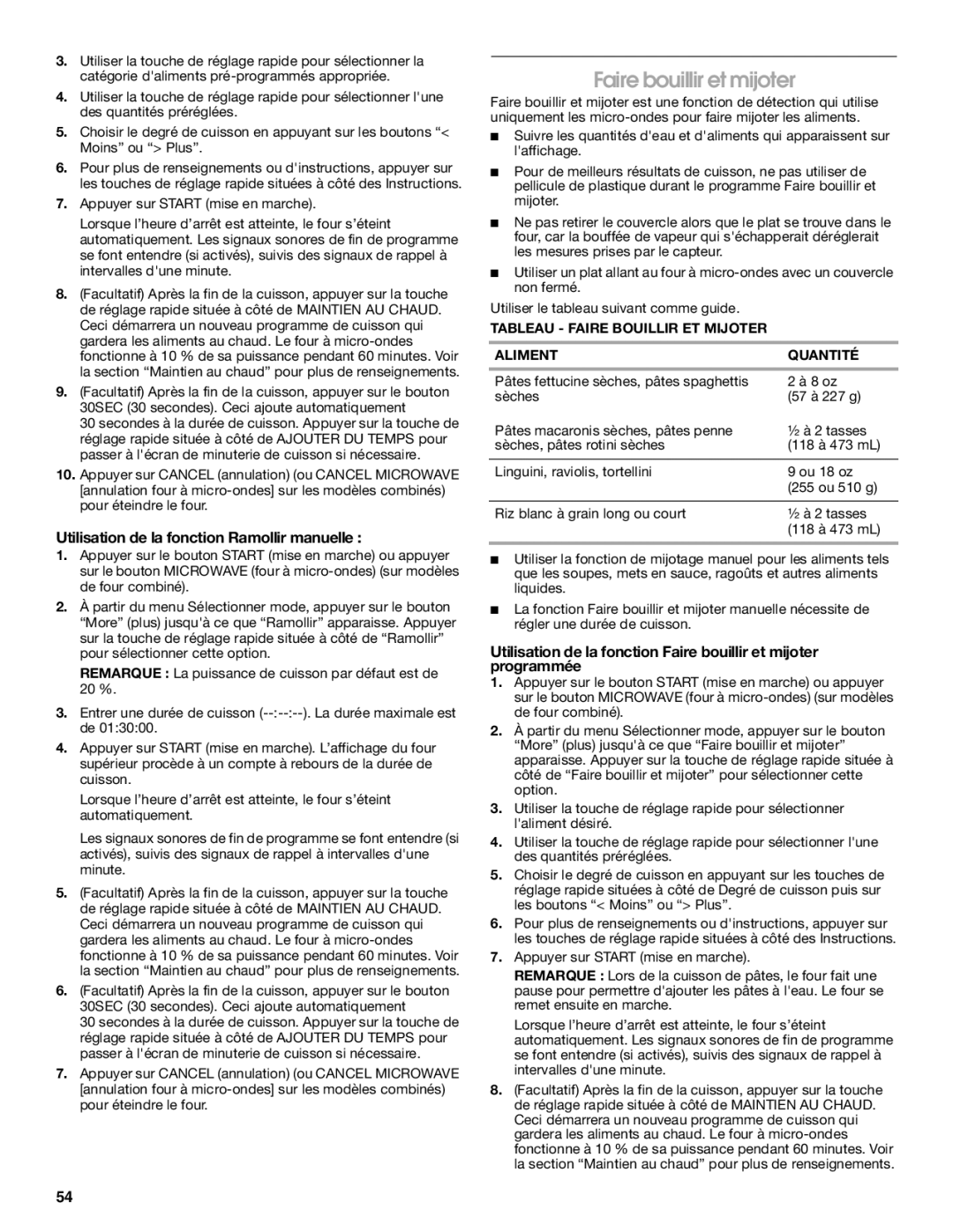 Jenn-Air JMC2127, JMW2327, JMW2427, JMW2330, JMW2430 Faire bouillir et mijoter, Utilisation de la fonction Ramollir manuelle 