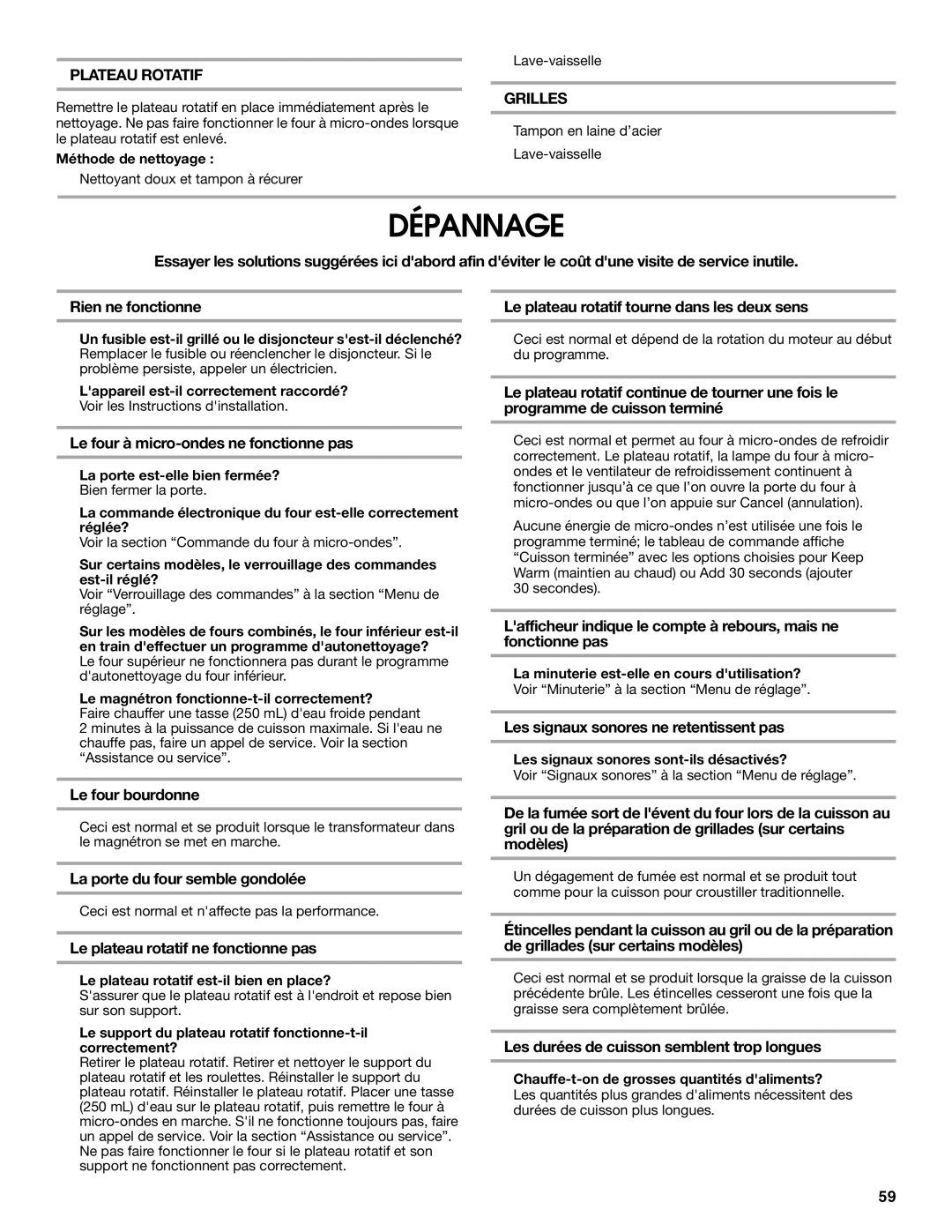 Jenn-Air JMW2430, JMW2327, JMW2427, JMW2330, JMC2130, JMC2127, JMC2430 manual Dépannage 