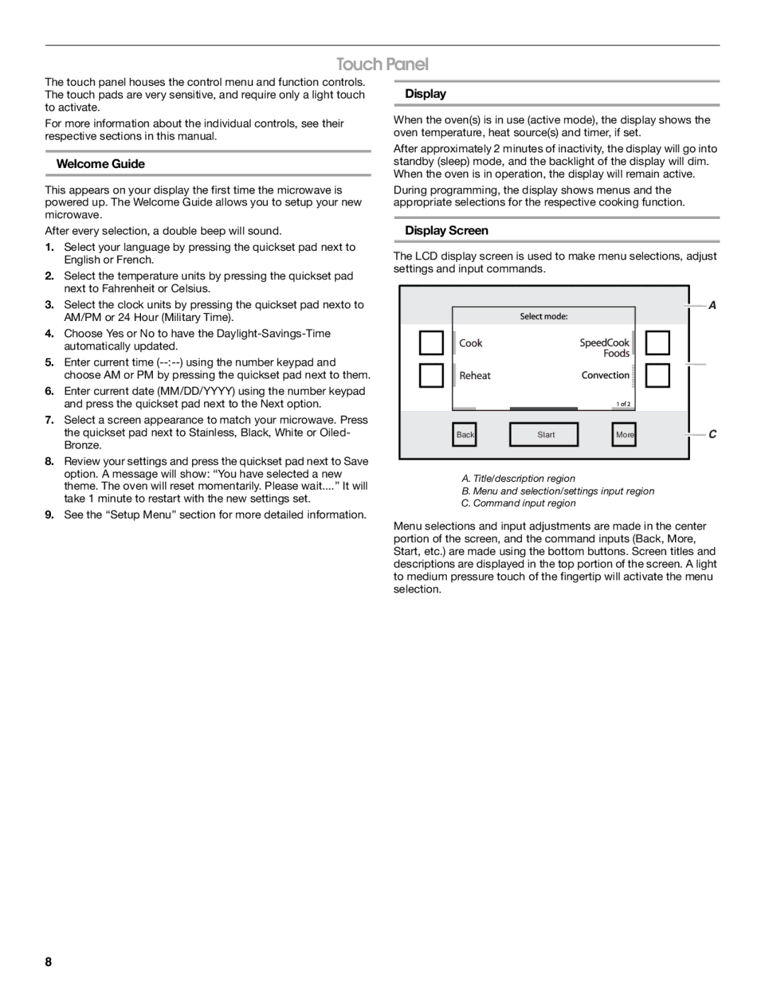 Jenn-Air JMW2427, JMW2327, JMW2330, JMW2430, JMC2130, JMC2127, JMC2430 manual Touch Panel, Welcome Guide, Display Screen 