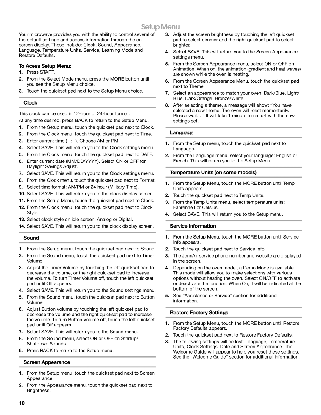 Jenn-Air JMW2430, JMW2327, JMW2427, JMW2330, JMC2130, JMC2127, JMC2430 manual Setup Menu 