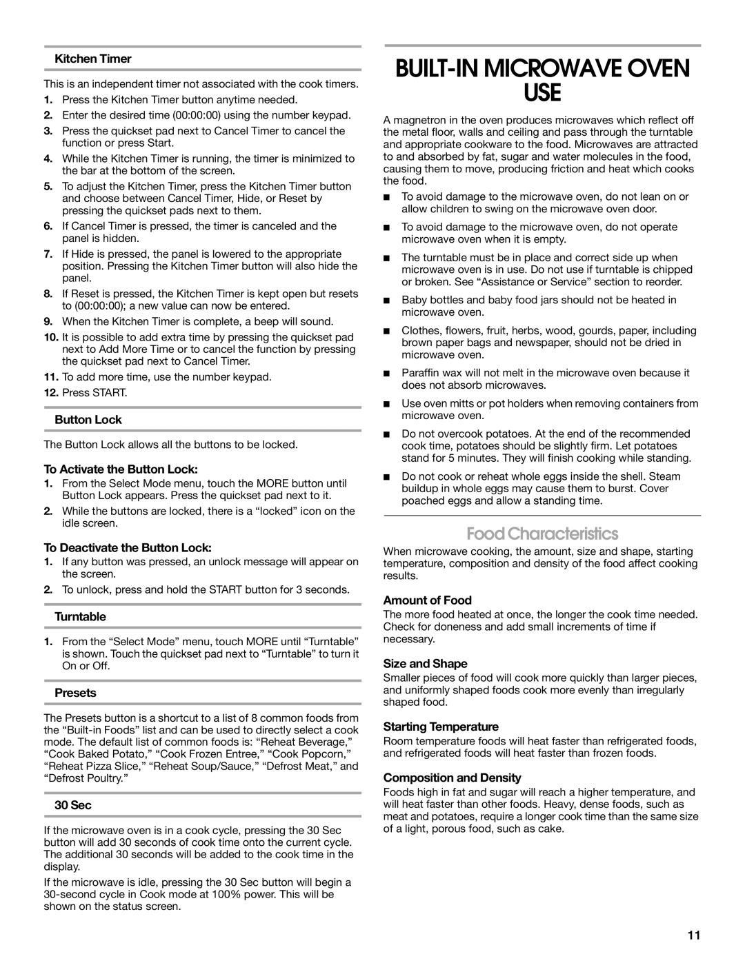 Jenn-Air JMC2130, JMW2327, JMW2427, JMW2330, JMW2430, JMC2127, JMC2430 manual BUILT-IN Microwave Oven USE, Food Characteristics 