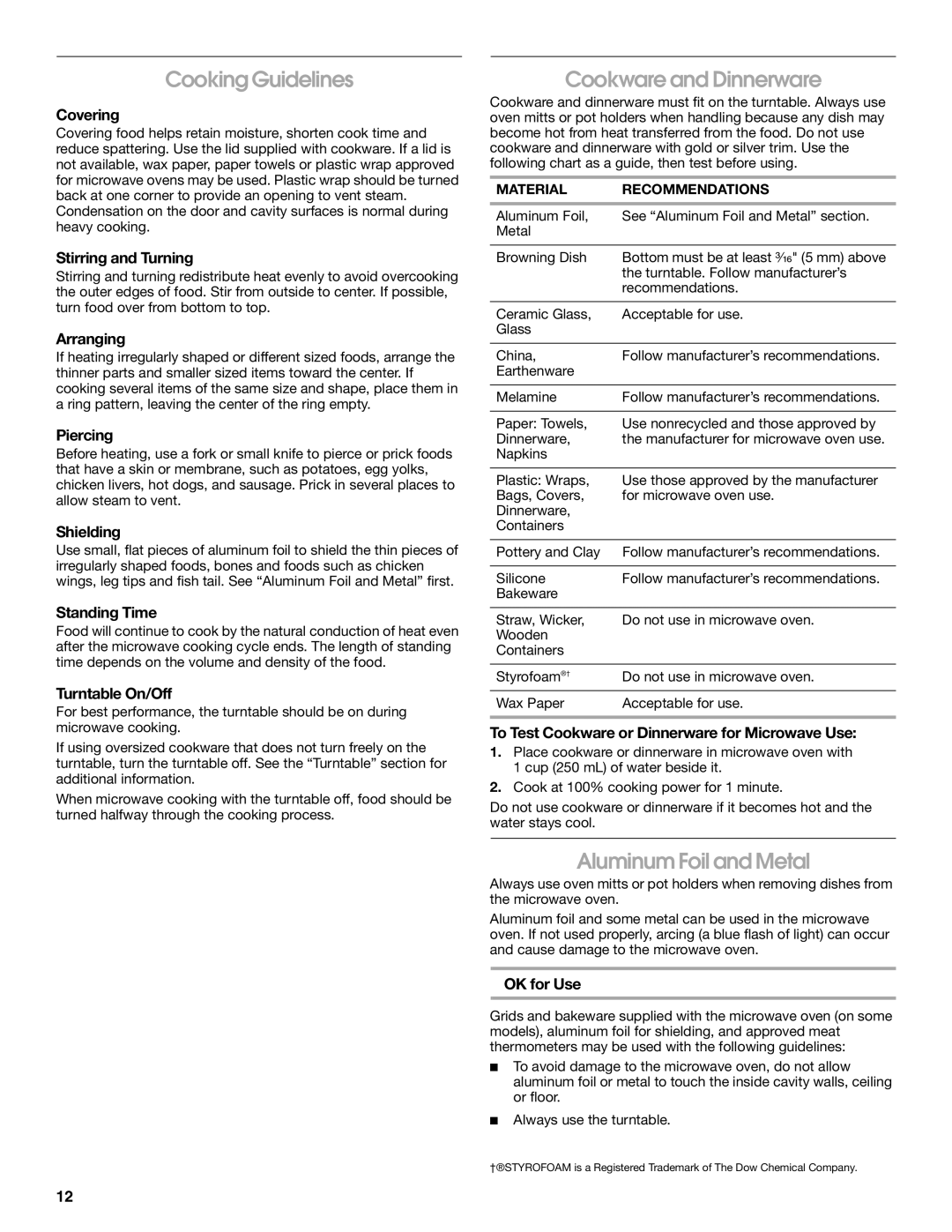 Jenn-Air JMC2127, JMW2327, JMW2427, JMW2330, JMW2430 Cooking Guidelines, Cookware and Dinnerware, Aluminum Foil and Metal 