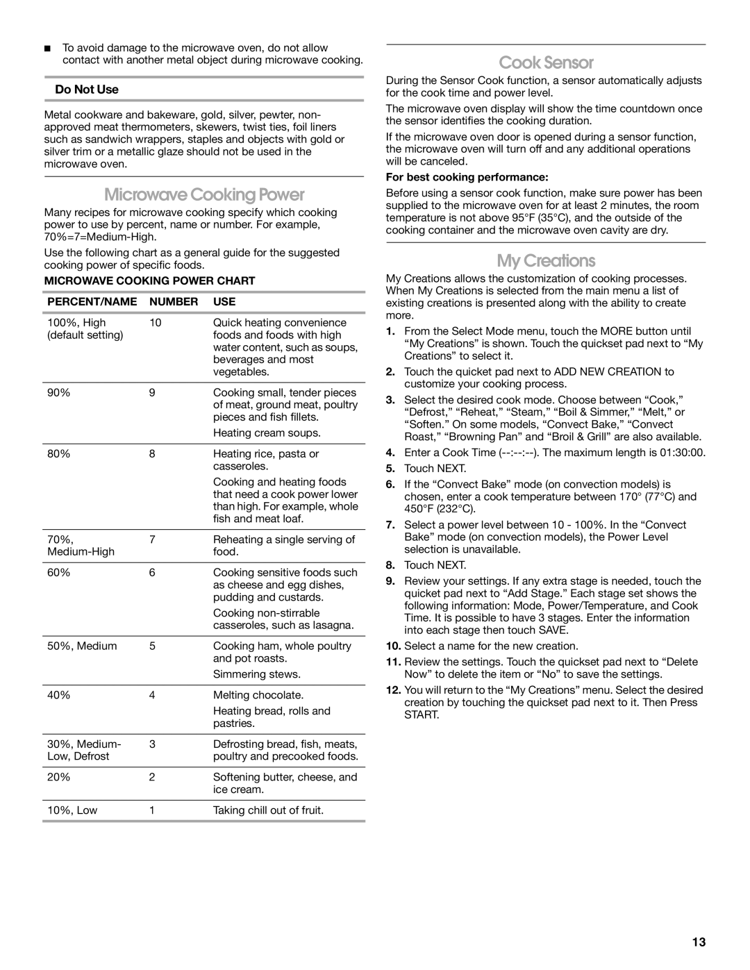 Jenn-Air JMC2430, JMW2327, JMW2427, JMW2330, JMW2430, JMC2130 Microwave Cooking Power, Cook Sensor, My Creations, Do Not Use 