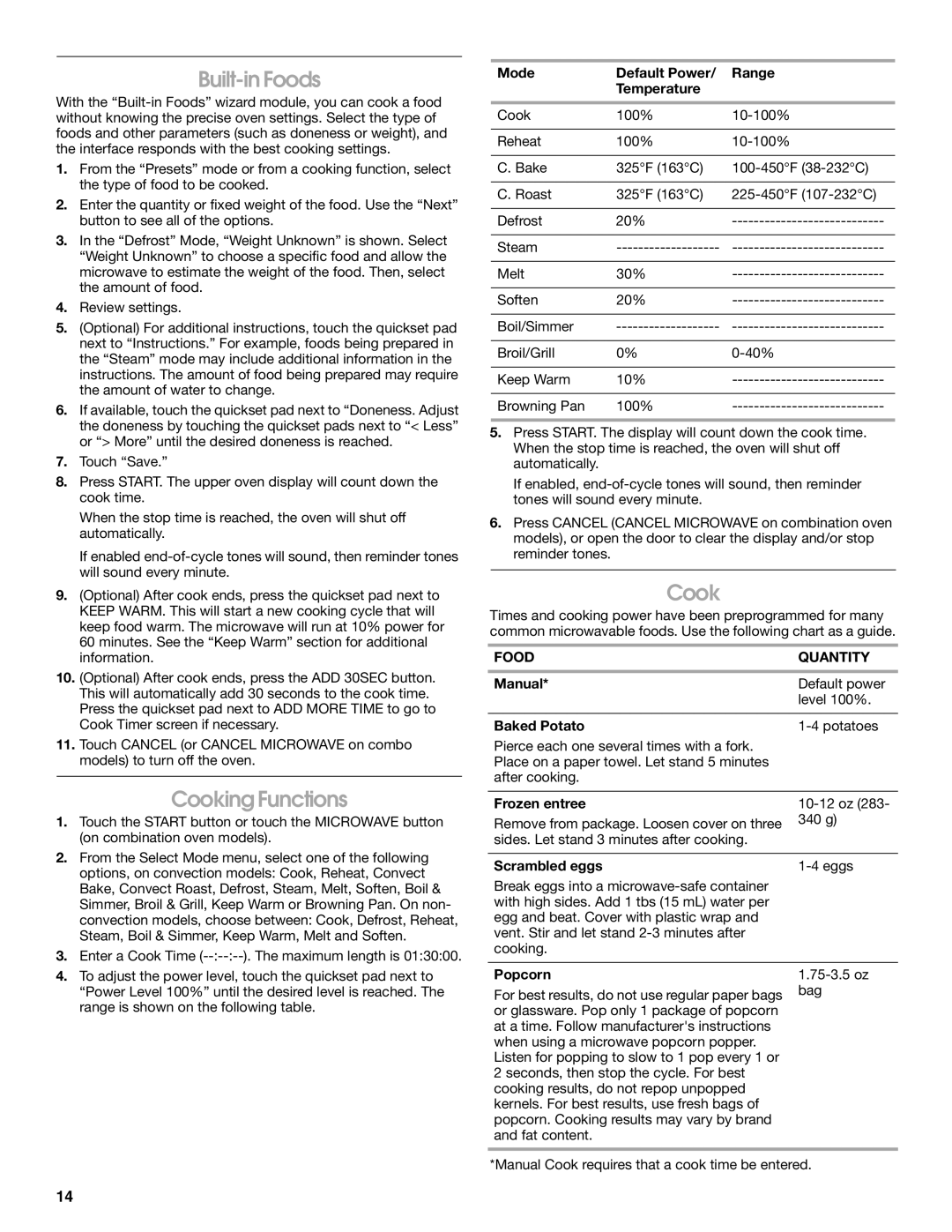 Jenn-Air JMW2327, JMW2427, JMW2330, JMW2430, JMC2130, JMC2127, JMC2430 manual Built-in Foods, Cooking Functions, Food Quantity 