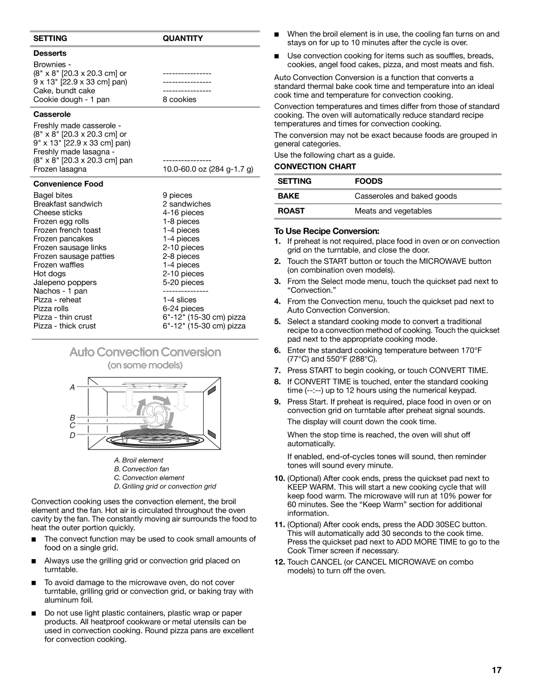 Jenn-Air JMW2430, JMW2327 Auto Convection Conversion, To Use Recipe Conversion, Convection Chart Setting Foods Bake, Roast 