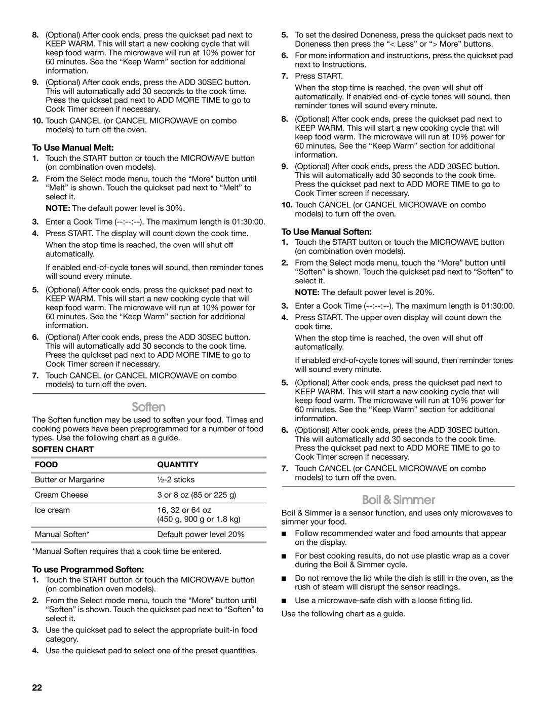 Jenn-Air JMW2427, JMW2327, JMW2330 Boil & Simmer, To Use Manual Melt, To use Programmed Soften, To Use Manual Soften 