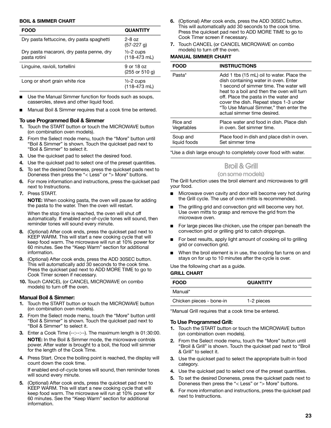Jenn-Air JMW2330, JMW2327 Broil & Grill, To use Programmed Boil & Simmer, Manual Boil & Simmer, To Use Programmed Grill 