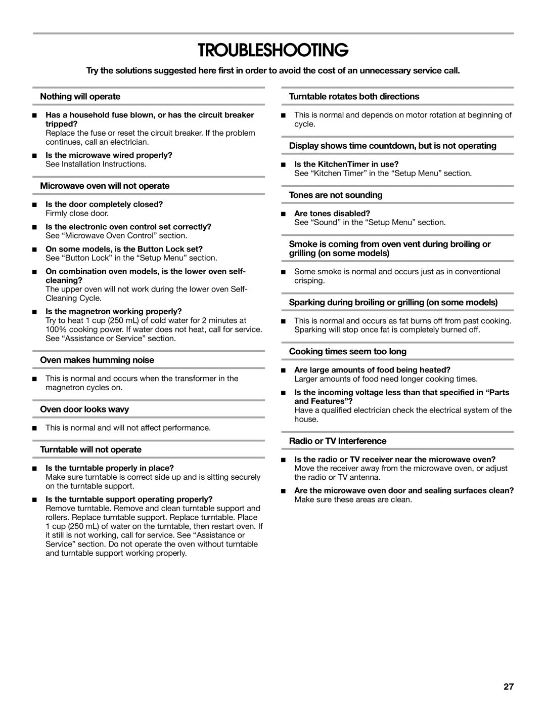 Jenn-Air JMC2430, JMW2327, JMW2427, JMW2330, JMW2430, JMC2130, JMC2127 manual Troubleshooting 