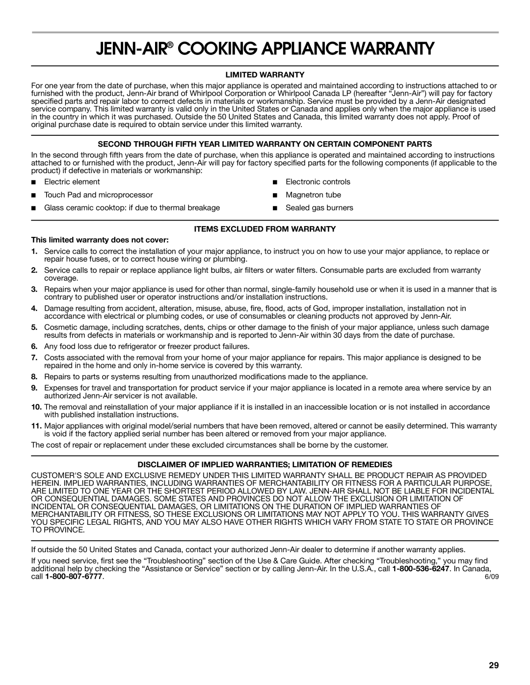 Jenn-Air JMW2427, JMW2327, JMW2330 manual JENN-AIRCOOKING Appliance Warranty, Limited Warranty, Items Excluded from Warranty 