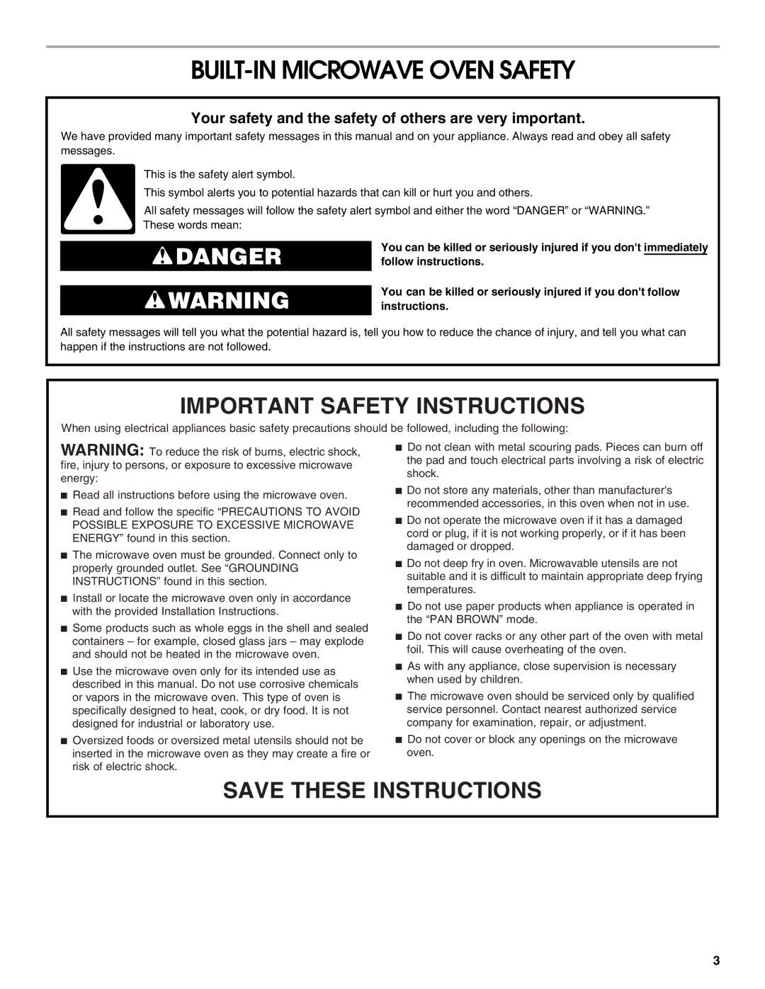 Jenn-Air JMW2430, JMW2327, JMW2427 BUILT-IN Microwave Oven Safety, Your safety and the safety of others are very important 