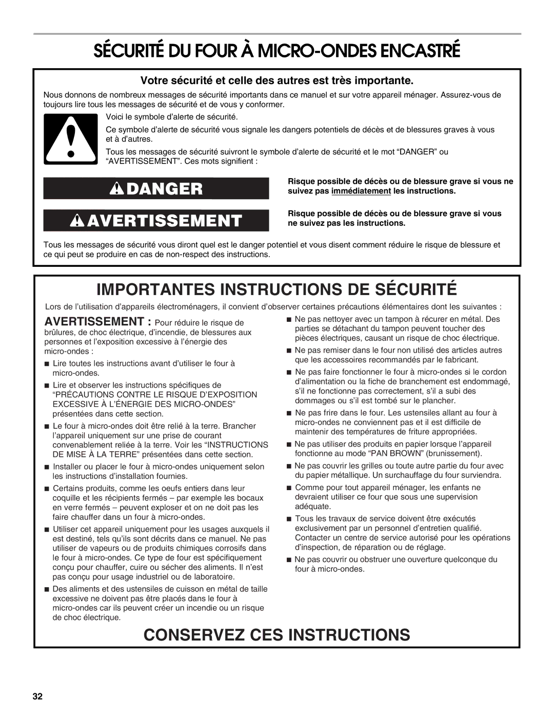 Jenn-Air JMC2130, JMW2327 Sécurité DU Four À MICRO-ONDES Encastré, Votre sécurité et celle des autres est très importante 