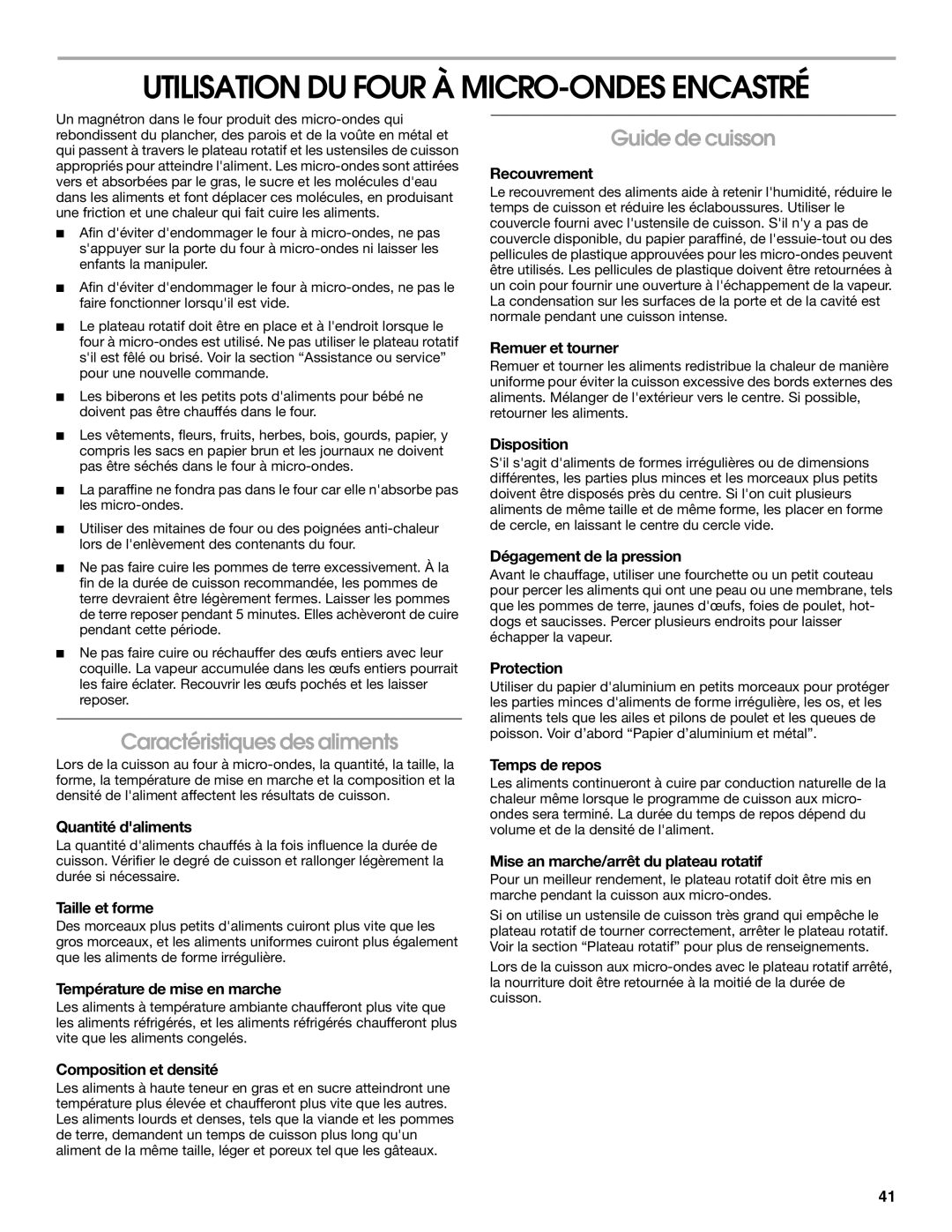 Jenn-Air JMC2430, JMW2327 manual Utilisation DU Four À MICRO-ONDES Encastré, Caractéristiques des aliments, Guide de cuisson 