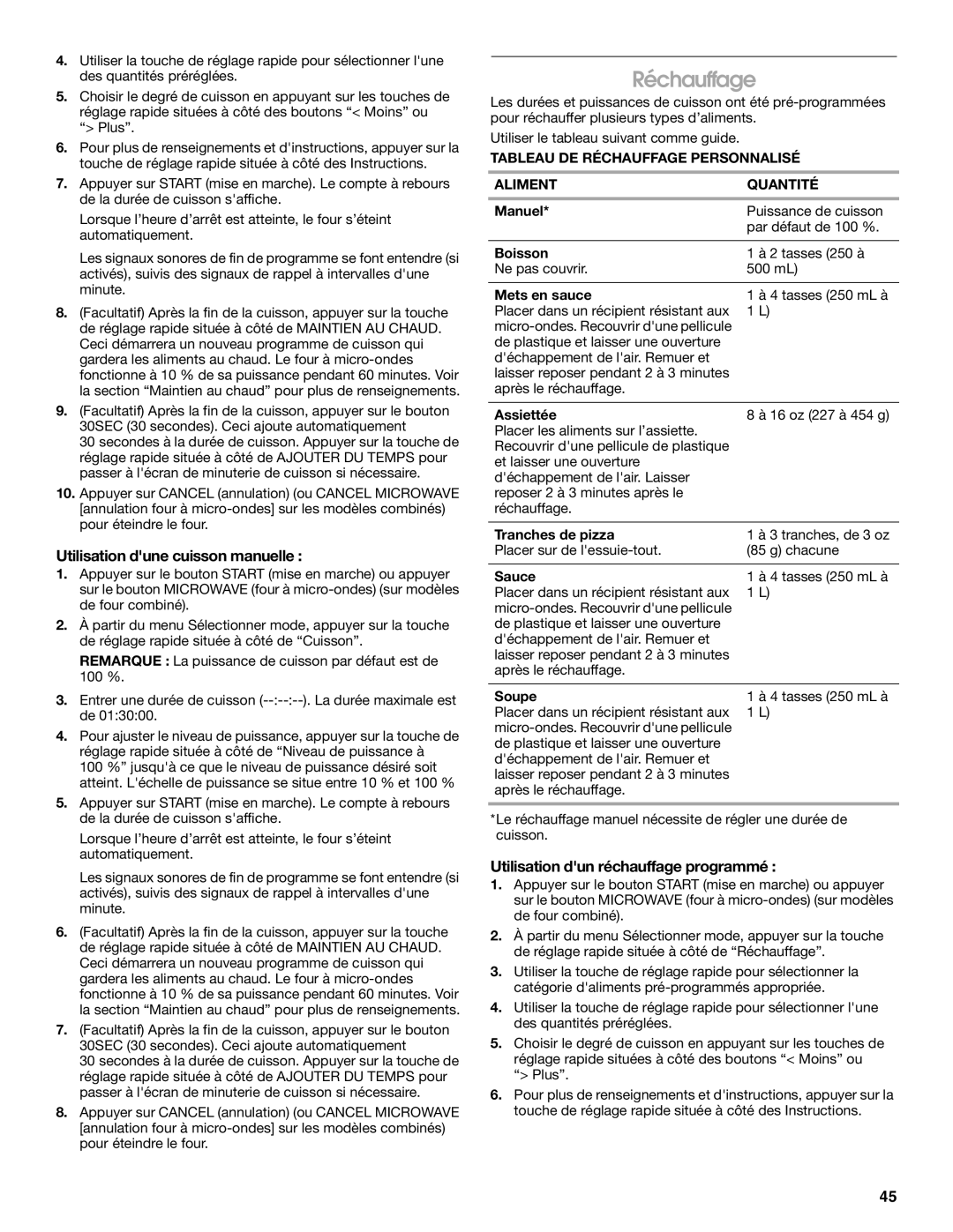 Jenn-Air JMW2430, JMW2327, JMW2427 Réchauffage, Utilisation dune cuisson manuelle, Utilisation dun réchauffage programmé 