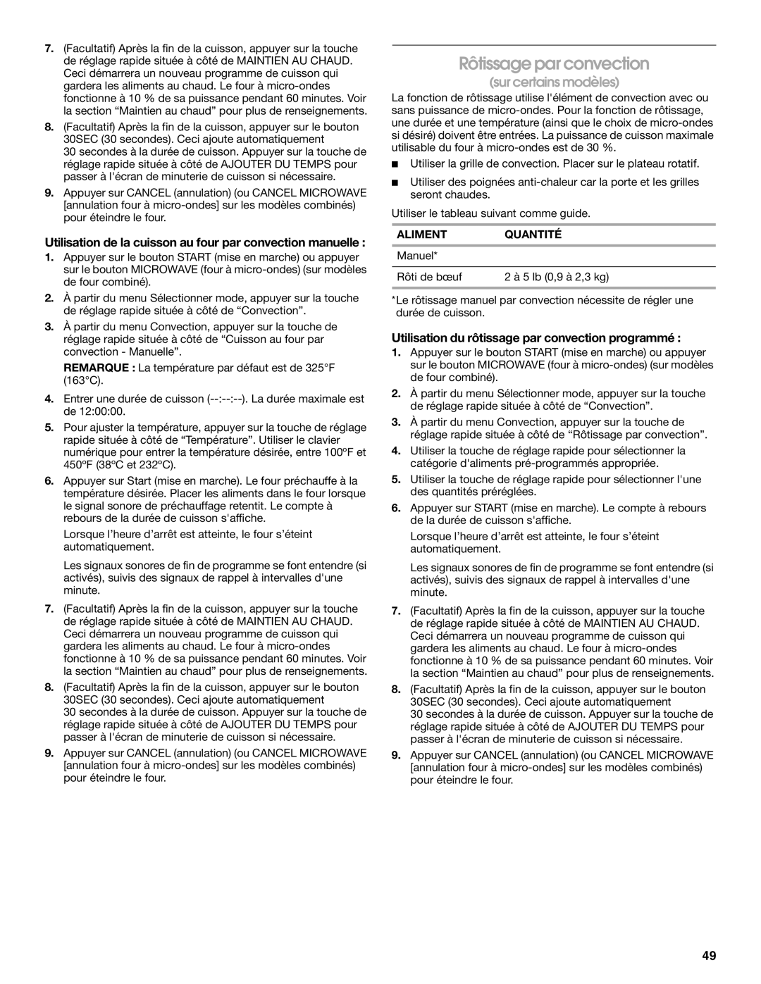 Jenn-Air JMW2327, JMW2427, JMW2330 manual Rôtissage par convection, Utilisation de la cuisson au four par convection manuelle 