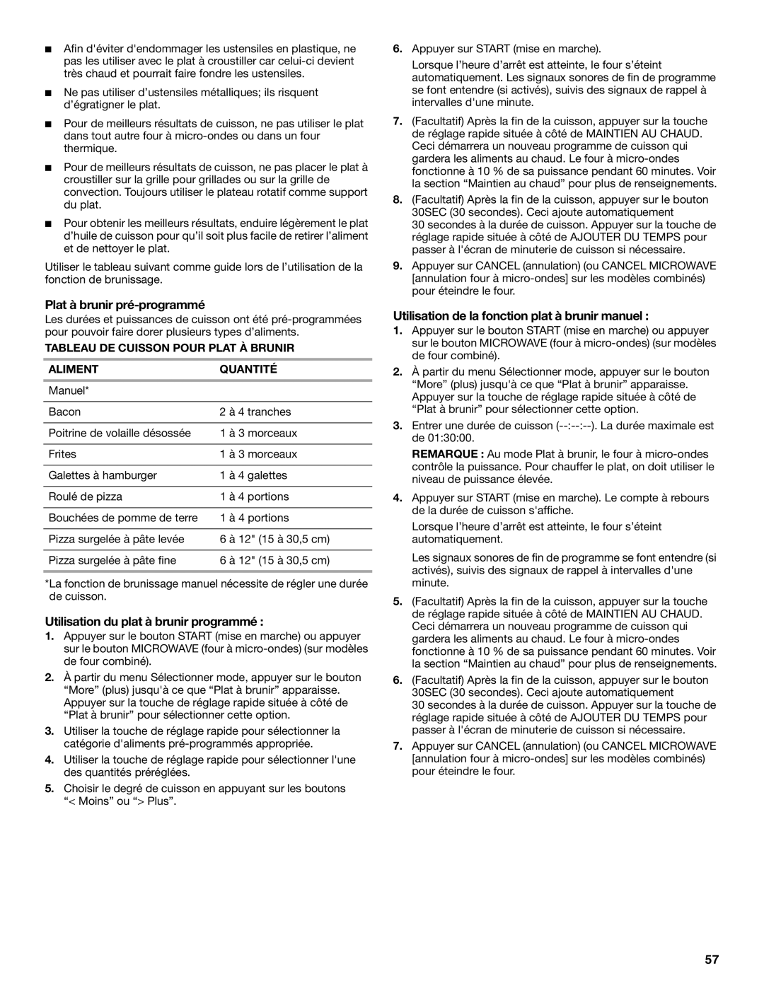 Jenn-Air JMW2427, JMW2327, JMW2330, JMW2430, JMC2130 manual Plat à brunir pré-programmé, Utilisation du plat à brunir programmé 