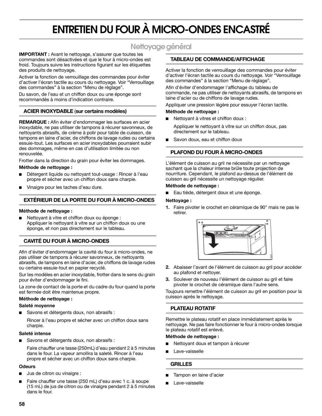 Jenn-Air JMW2330 manual Entretien DU Four À MICRO-ONDES Encastré, Nettoyage général, Acier Inoxydable sur certains modèles 