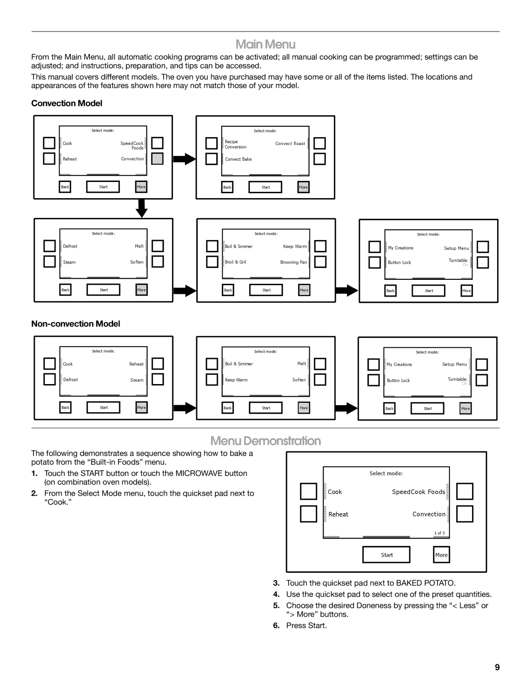 Jenn-Air JMW2330, JMW2327, JMW2427, JMW2430, JMC2130 Main Menu, Menu Demonstration, Convection Model, Non-convection Model 