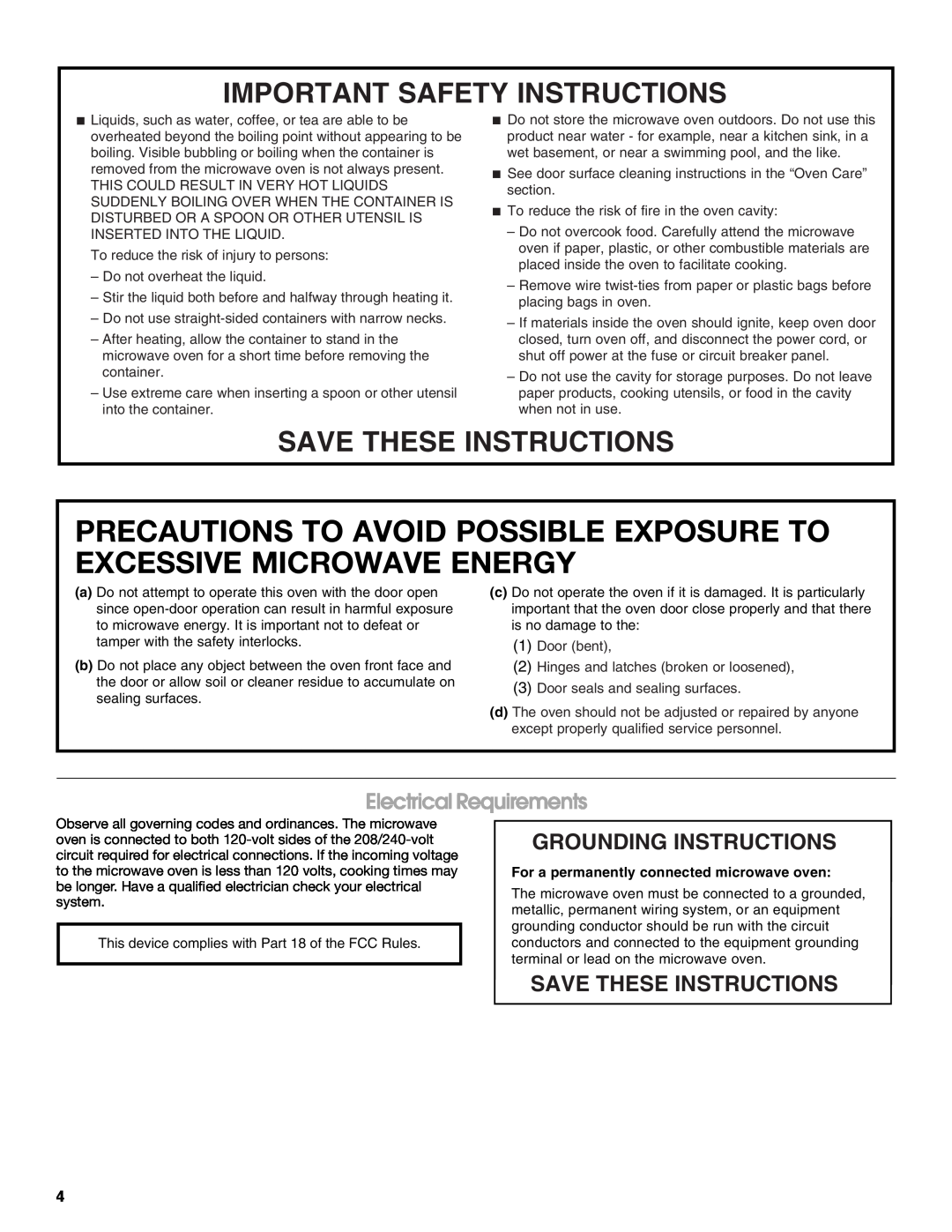 Jenn-Air JMC2130 Electrical Requirements, Grounding Instructions, Save These Instructions, Important Safety Instructions 