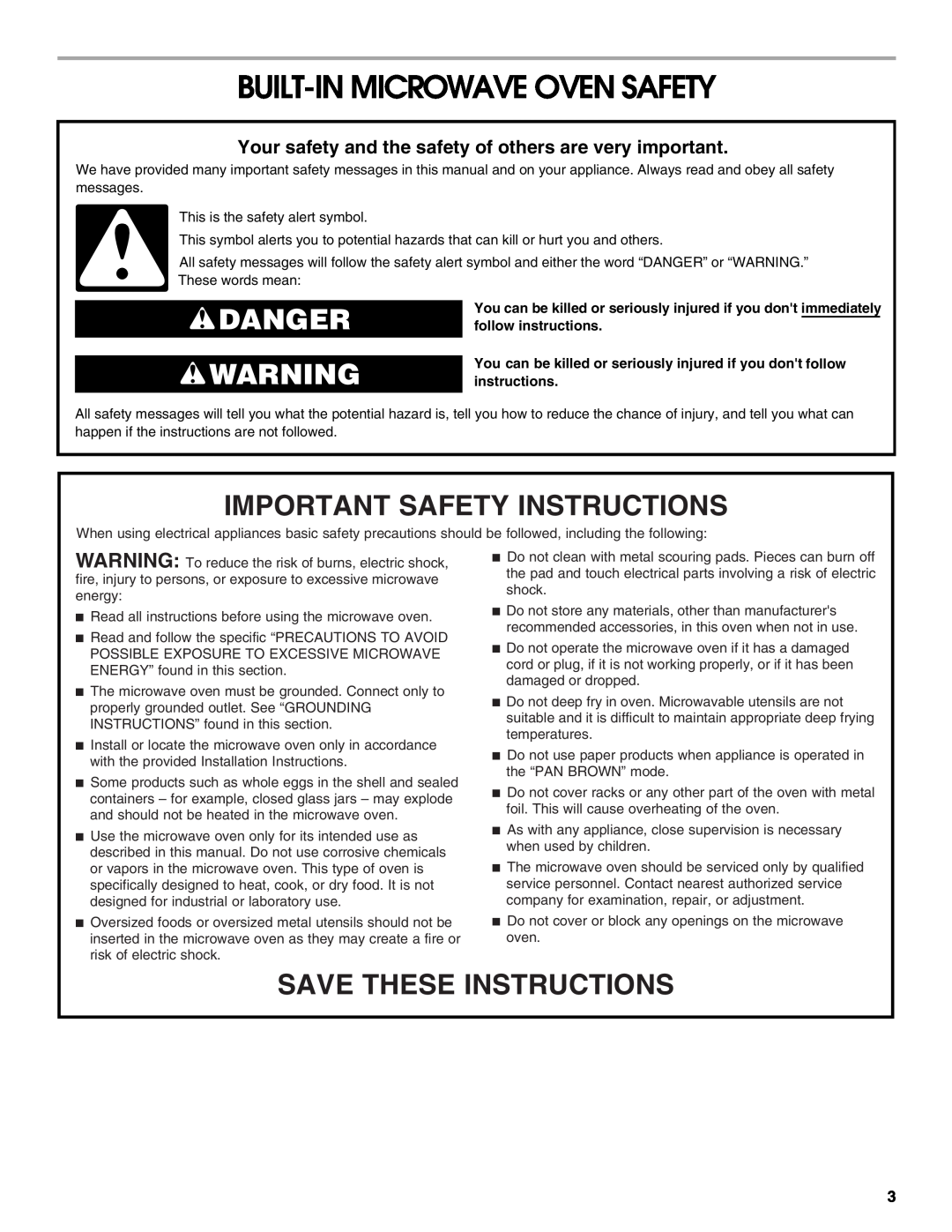 Jenn-Air JMW2430, JMW2327 Built-Inmicrowave Oven Safety, Danger, Important Safety Instructions, Save These Instructions 