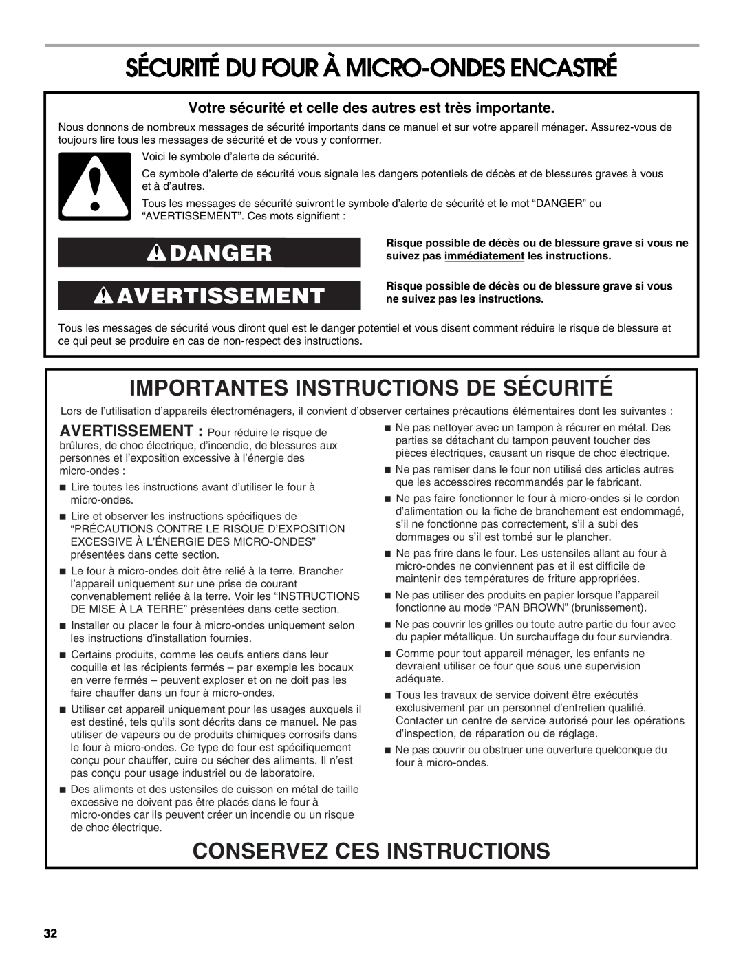 Jenn-Air JMC2130 manual Sécurité Du Four À Micro-Ondesencastré, Danger Avertissement, Importantes Instructions De Sécurité 