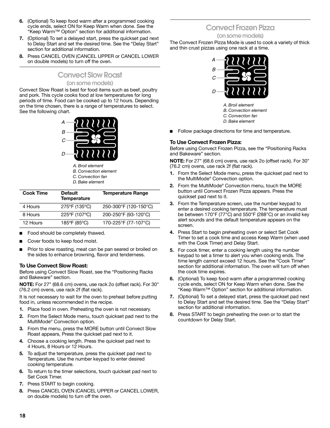 Jenn-Air JMW2330 manual To Use Convect Slow Roast, To Use Convect Frozen Pizza, Cook Time Default Temperature Range 