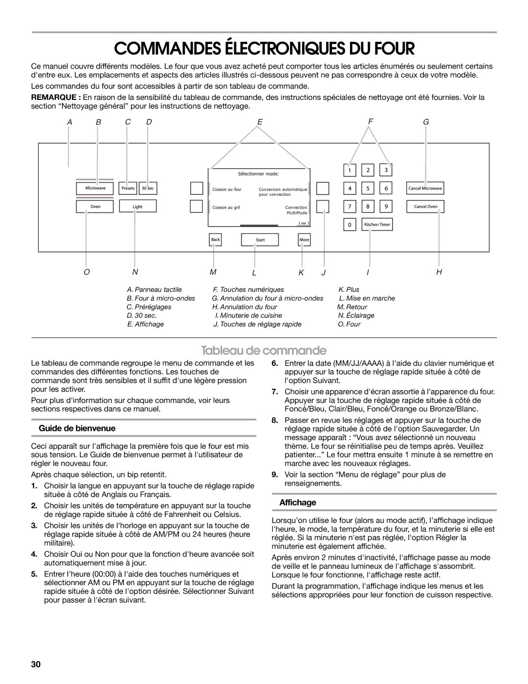 Jenn-Air JMW2330, JMW2327, JMW2427 manual Commandes Électroniques DU Four, Tableau de commande, Guide de bienvenue, Affichage 