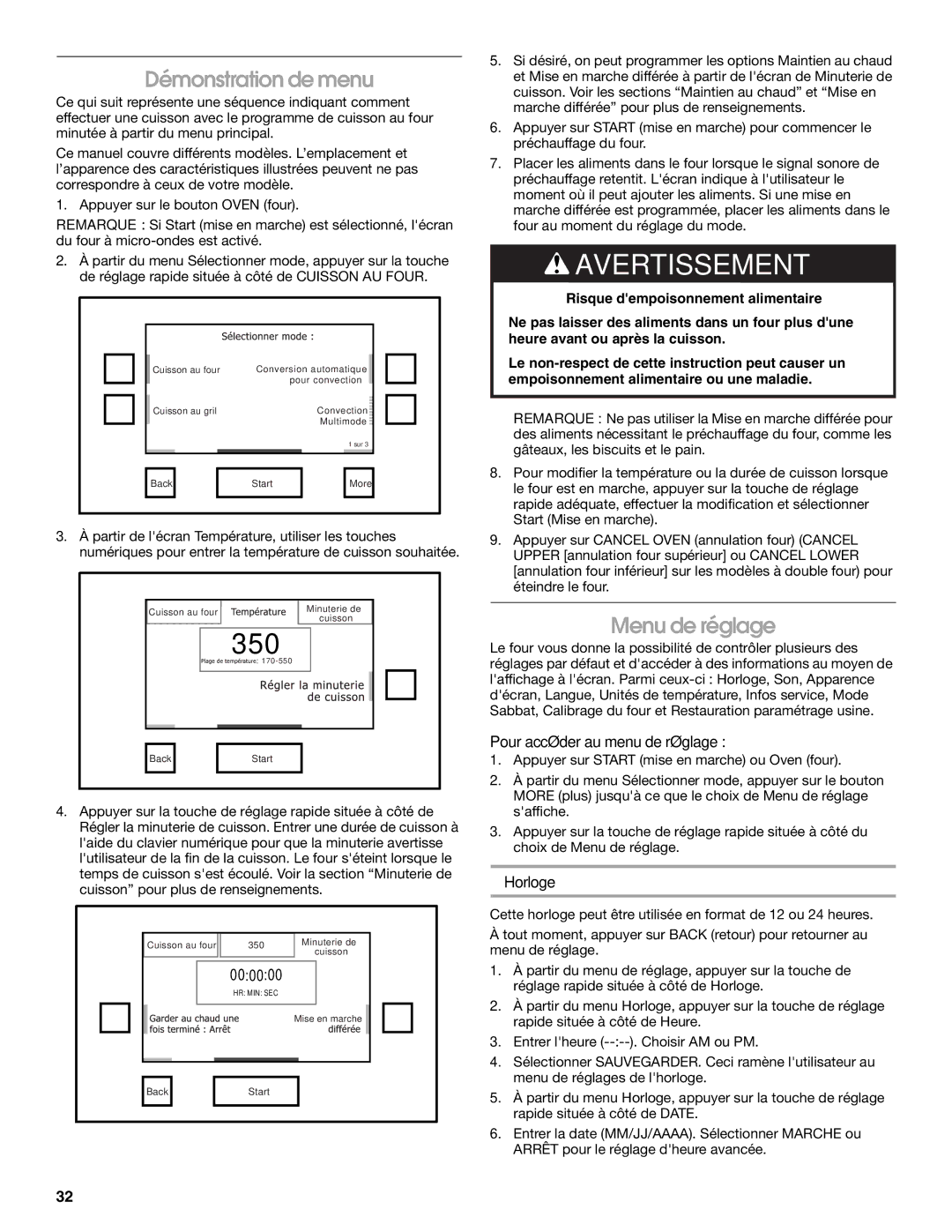 Jenn-Air JMW2327, JMW2427, JMW2330, JMW2430 Démonstration de menu, Menu de réglage, Pour accéder au menu de réglage, Horloge 