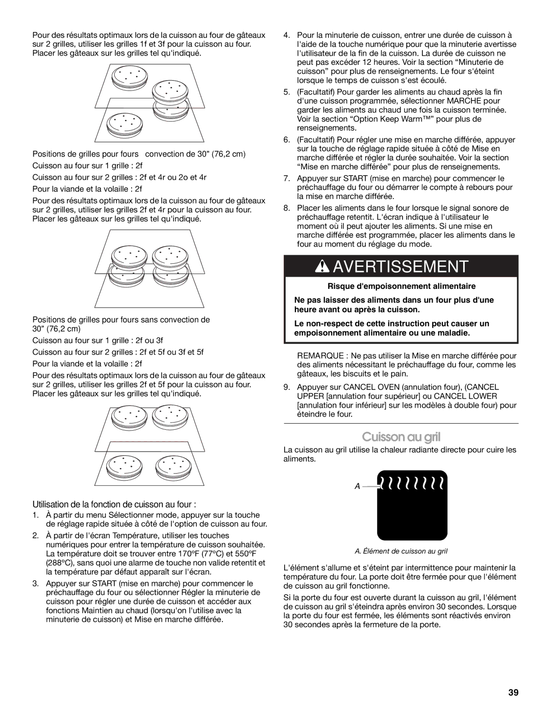 Jenn-Air JMW2430, JMW2327, JMW2427, JMW2330 manual Cuisson au gril, Utilisation de la fonction de cuisson au four 