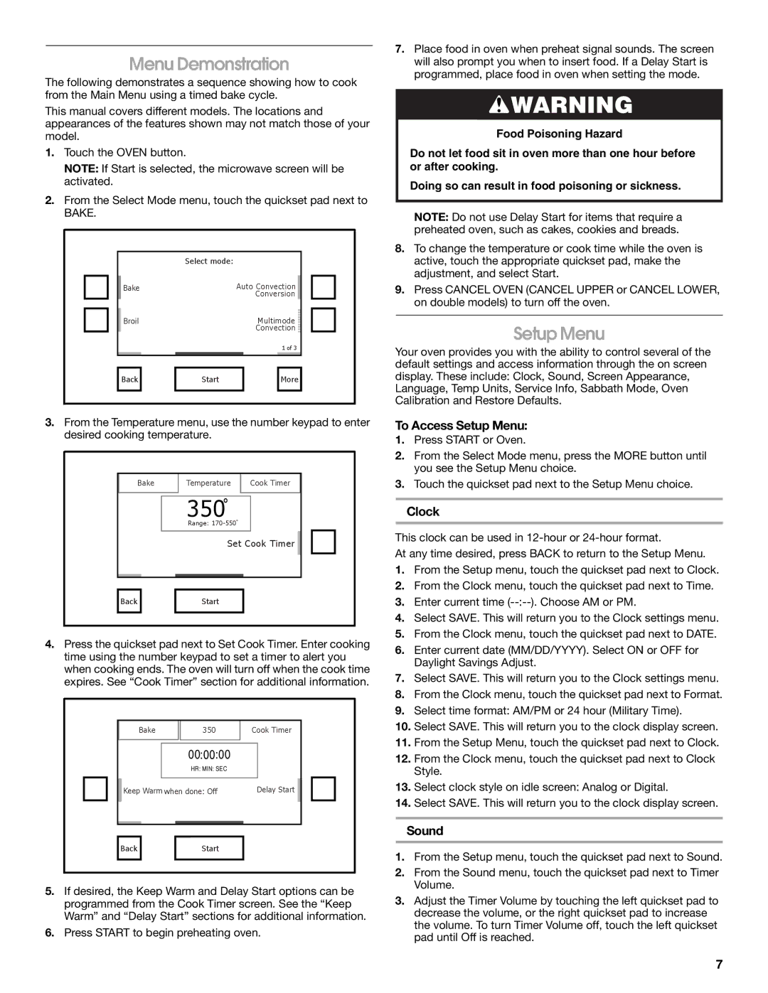 Jenn-Air JMW2430, JMW2327, JMW2427, JMW2330 manual Menu Demonstration, To Access Setup Menu, Clock, Sound 