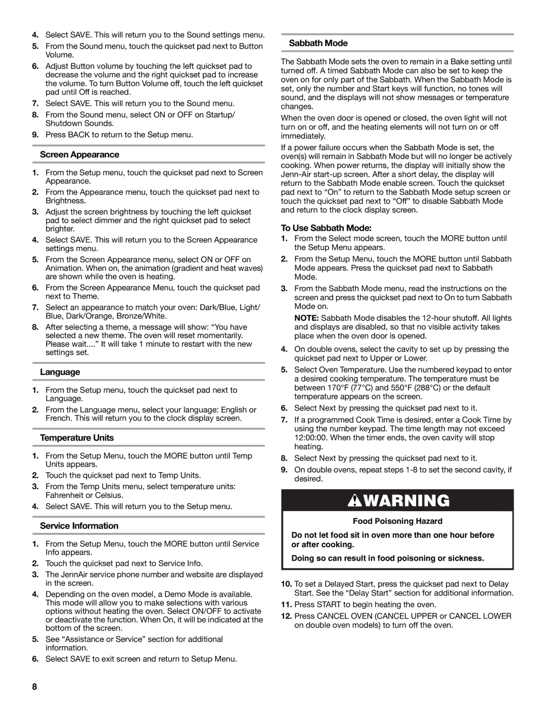 Jenn-Air JMW2327, JMW2427 Screen Appearance, Language, Temperature Units, Service Information, To Use Sabbath Mode 