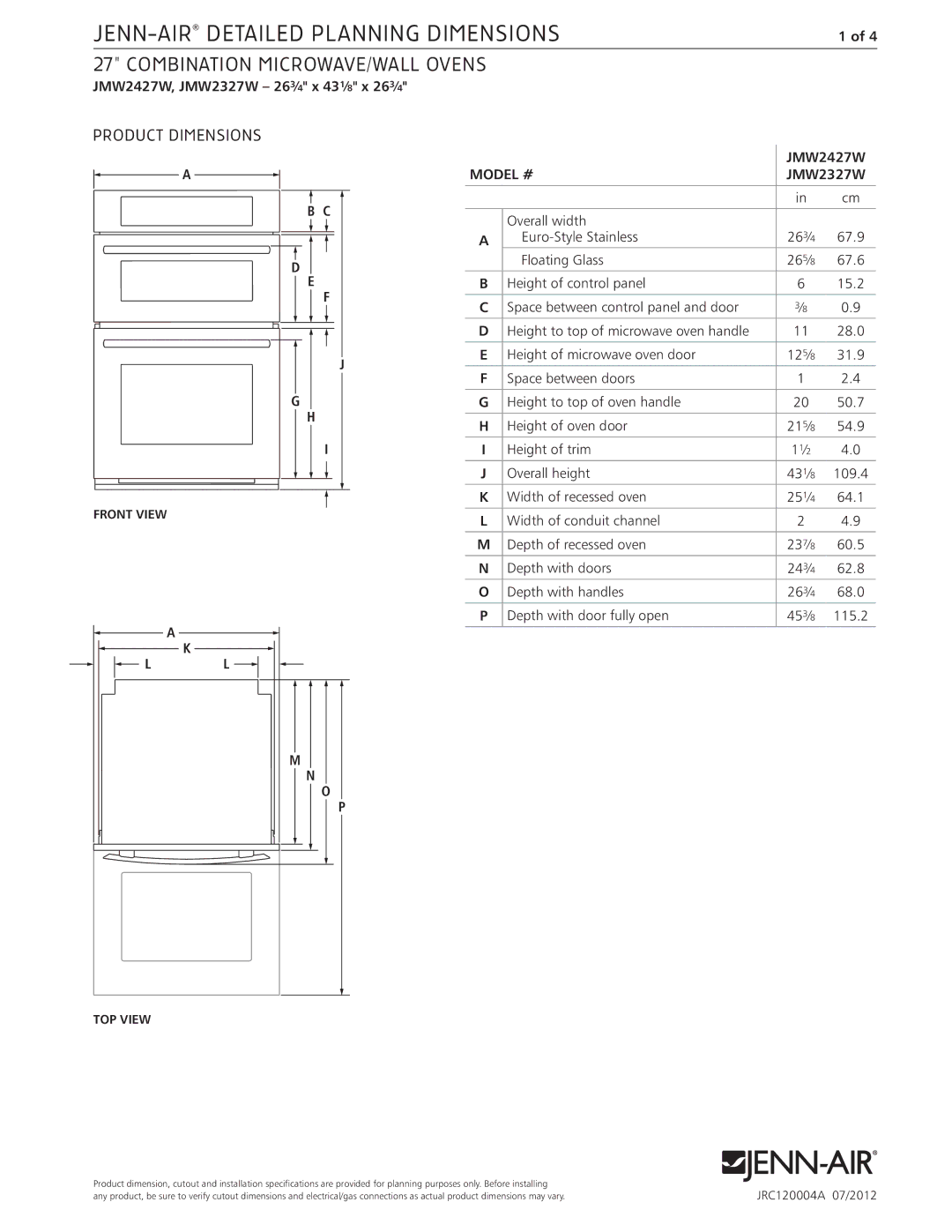 Jenn-Air JMW2327W, JMW2427W dimensions Combination microwave/wall ovens, Product Dimensions, Model # 