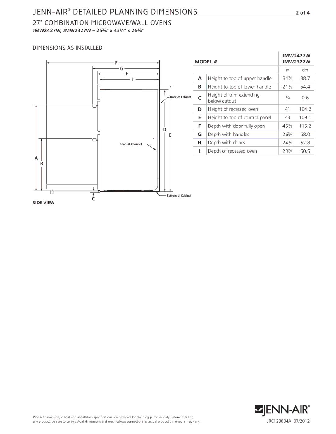 Jenn-Air JMW2427W, JMW2327W dimensions Dimensions AS Installed, Side View 