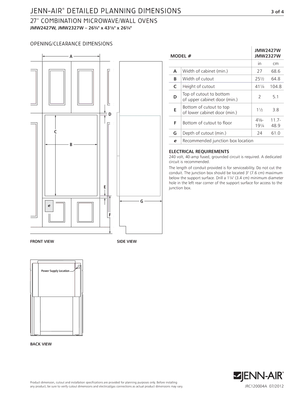 Jenn-Air JMW2327W, JMW2427W dimensions OPENING/CLEARANCE Dimensions, Electrical Requirements, Back View 