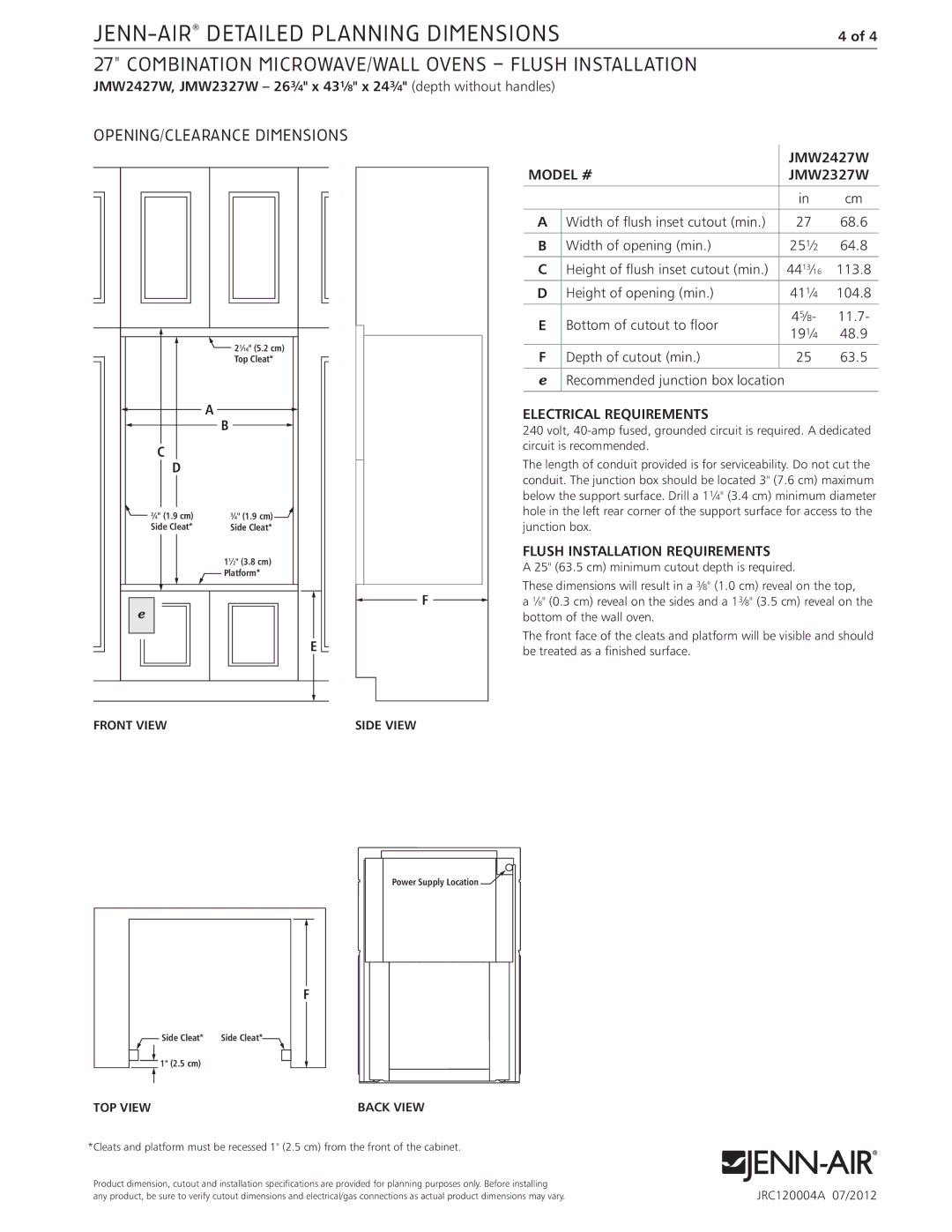 Jenn-Air JMW2427W, JMW2327W dimensions Combination microwave/wall ovens Flush installation, Flush Installation Requirements 