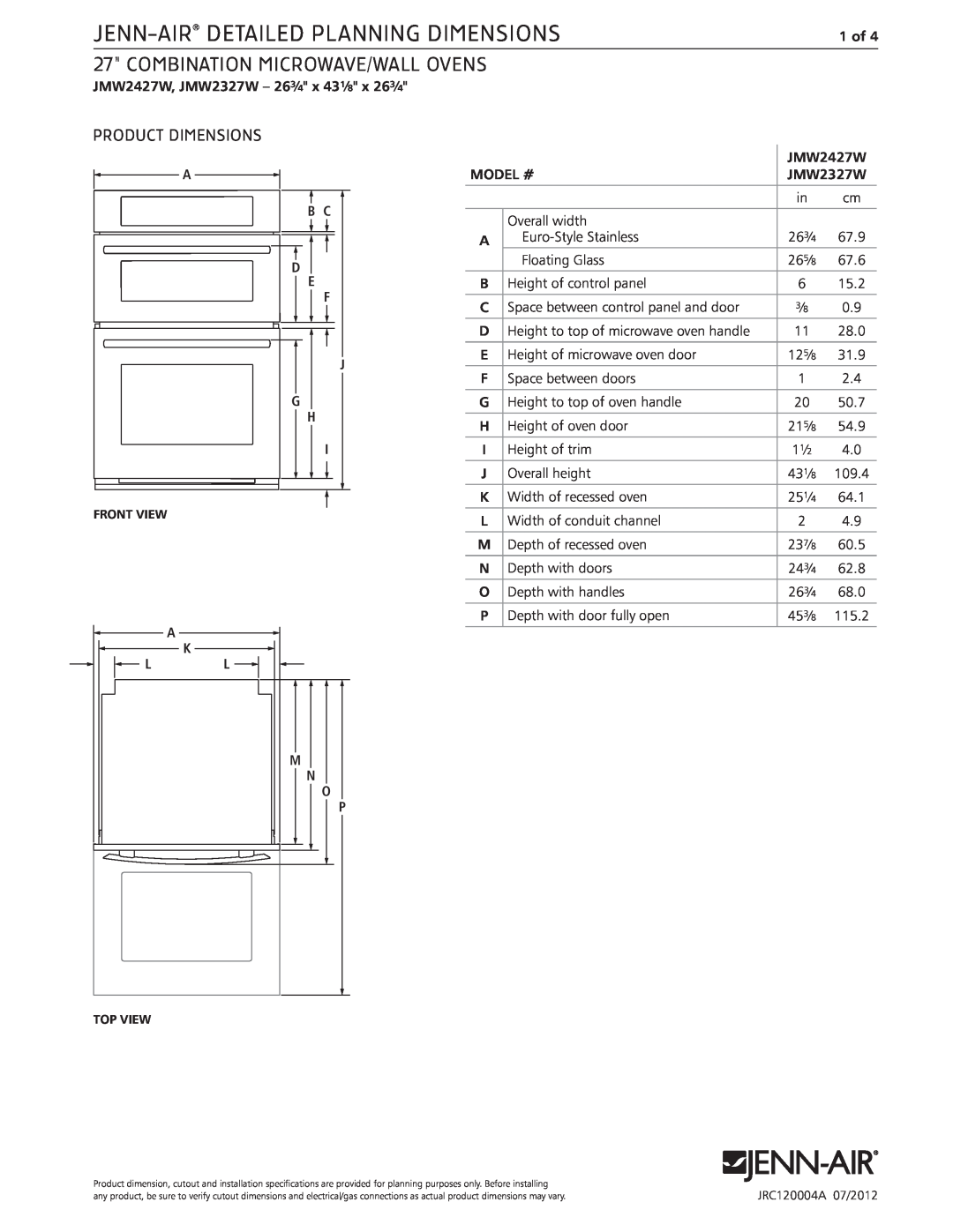 Jenn-Air JMW2327W dimensions Jenn-Air Detailed Planning Dimensions, combination microwave/wall ovens, Product Dimensions 