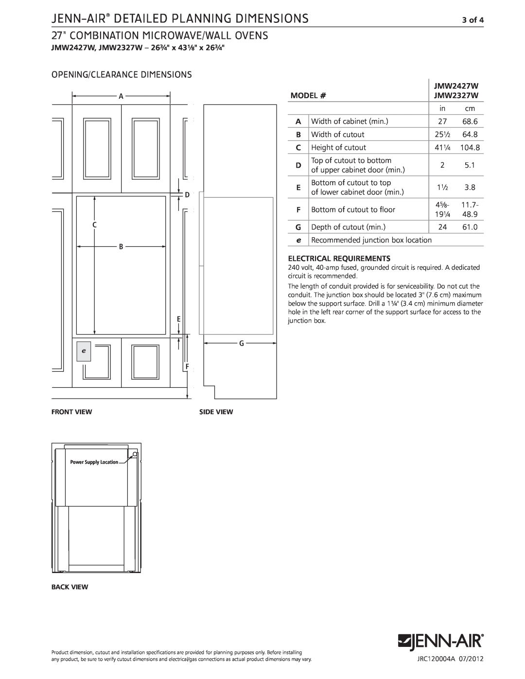 Jenn-Air JMW2327W Opening/Clearance Dimensions, Jenn-Air Detailed Planning Dimensions, combination microwave/wall ovens 