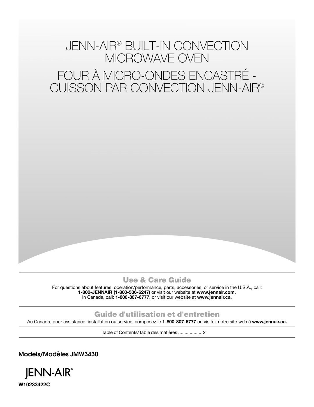 Jenn-Air JMW3430 manual Use & Care Guide, Guide dutilisation et dentretien, W10233422C 