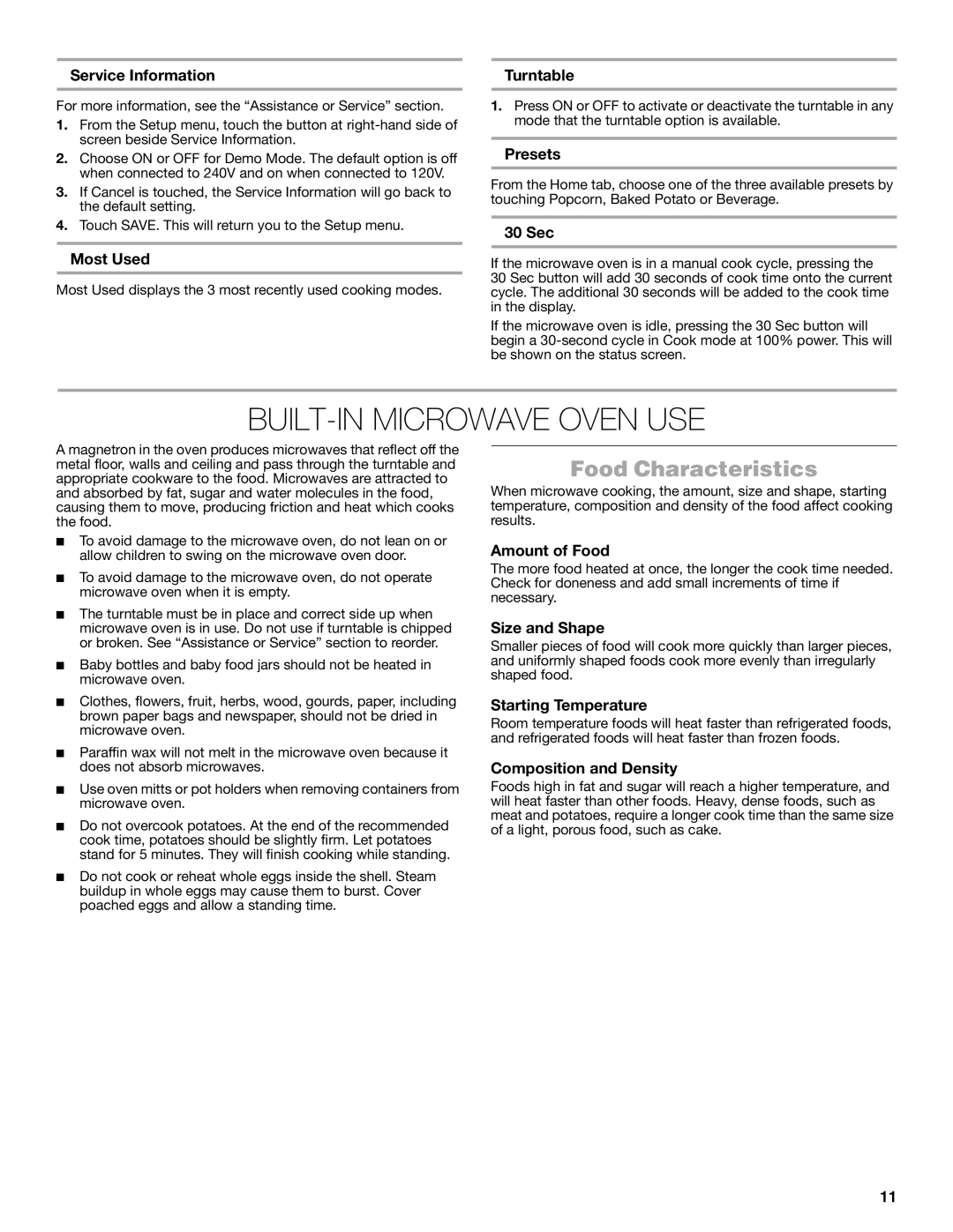 Jenn-Air JMW3430 manual BUILT-IN Microwave Oven USE, Food Characteristics 