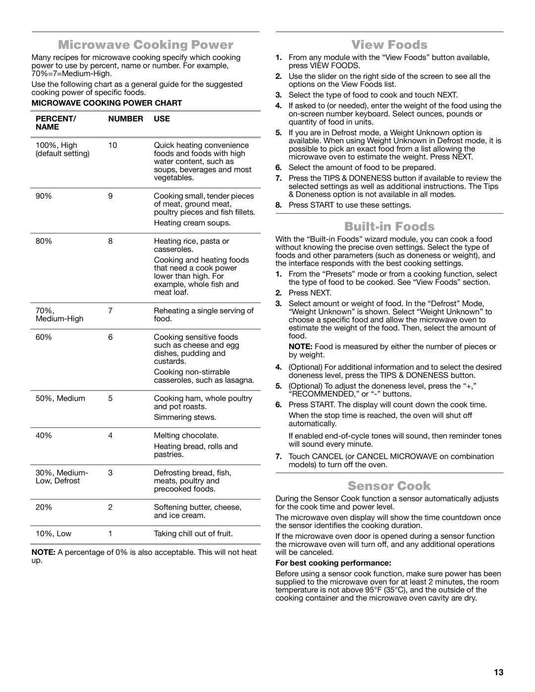 Jenn-Air JMW3430 manual Microwave Cooking Power, View Foods, Built-in Foods, Sensor Cook 