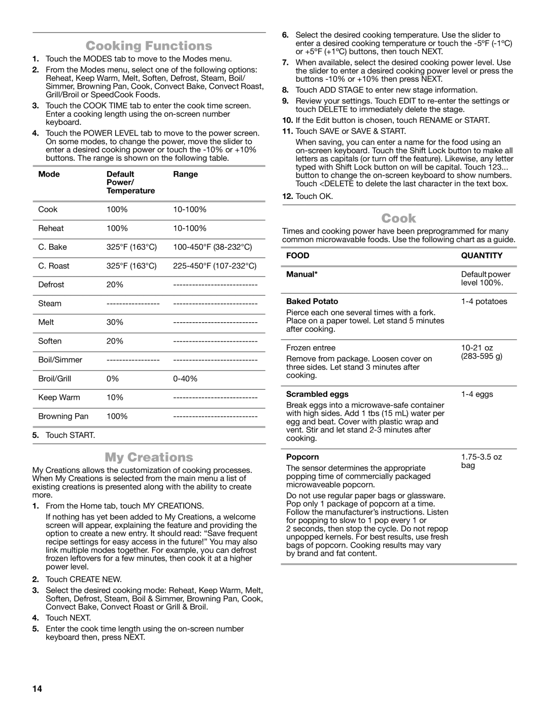 Jenn-Air JMW3430 manual Cooking Functions, My Creations, Food Quantity 