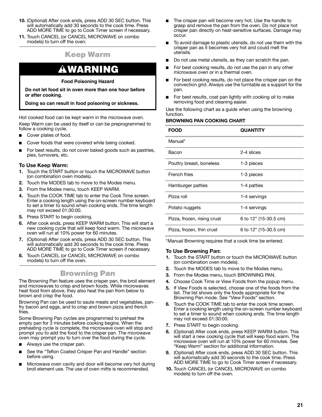 Jenn-Air JMW3430 manual To Use Keep Warm, To Use Browning Pan, Browning PAN Cooking Chart Food Quantity 