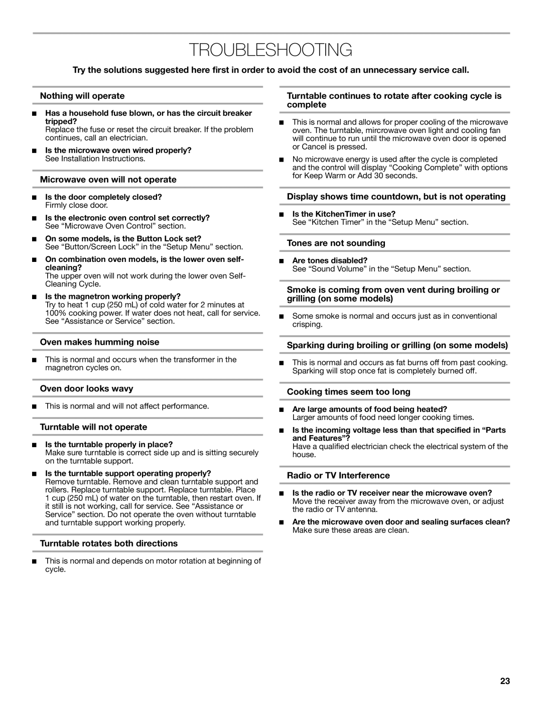 Jenn-Air JMW3430 manual Troubleshooting 