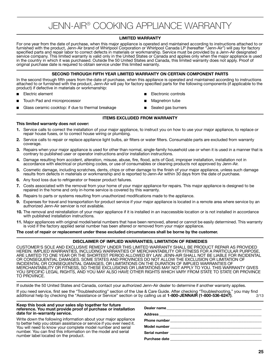 Jenn-Air JMW3430 manual JENN-AIRCOOKING Appliance Warranty, Limited Warranty, Items Excluded from Warranty 