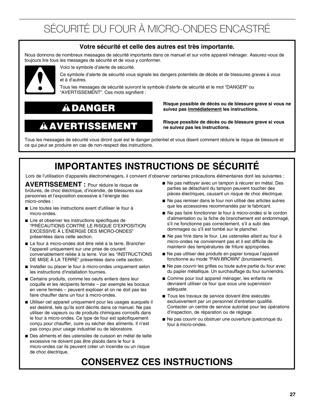 Jenn-Air JMW3430 manual Sécurité DU Four À MICRO-ONDES Encastré, Votre sécurité et celle des autres est très importante 