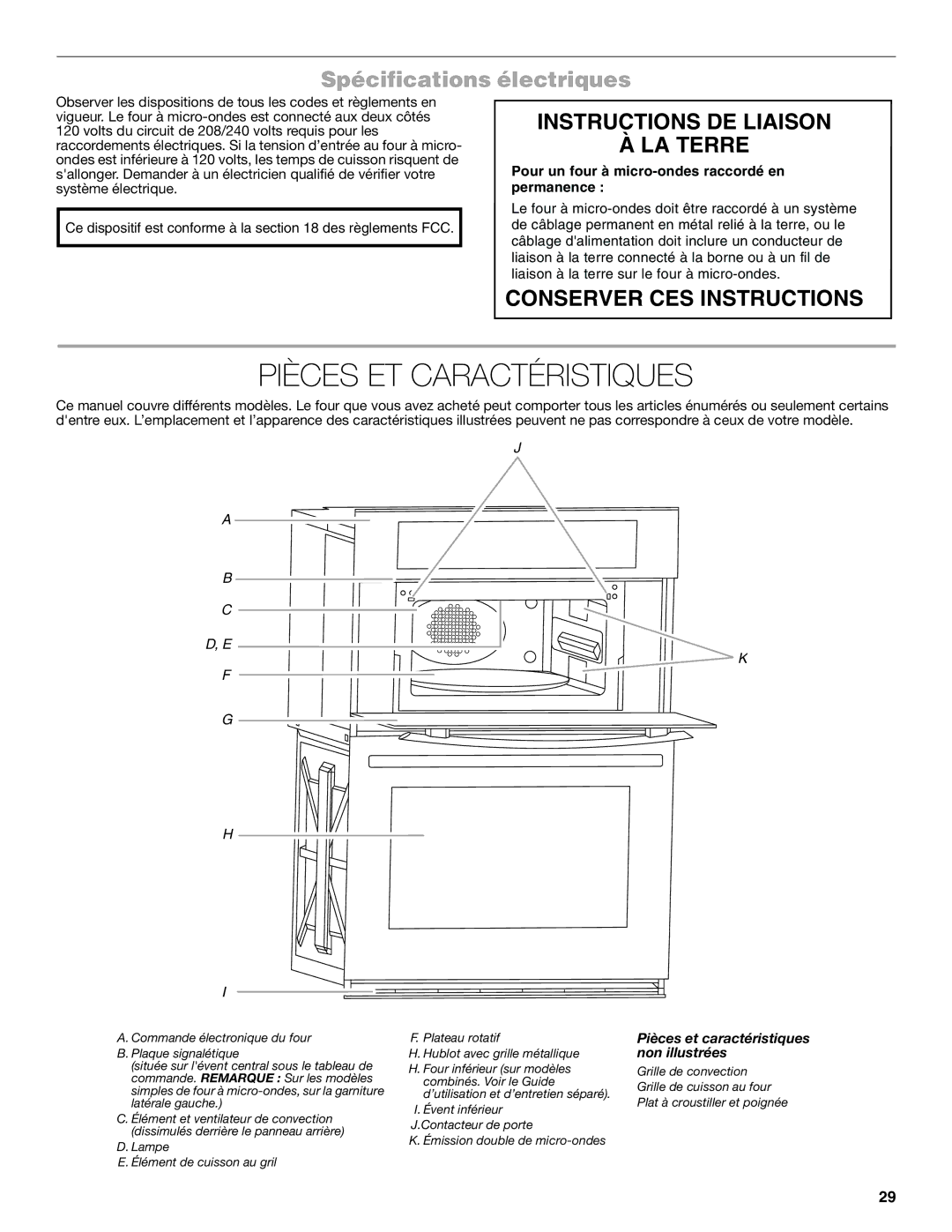 Jenn-Air JMW3430 manual Pièces ET Caractéristiques, Spécifications électriques 