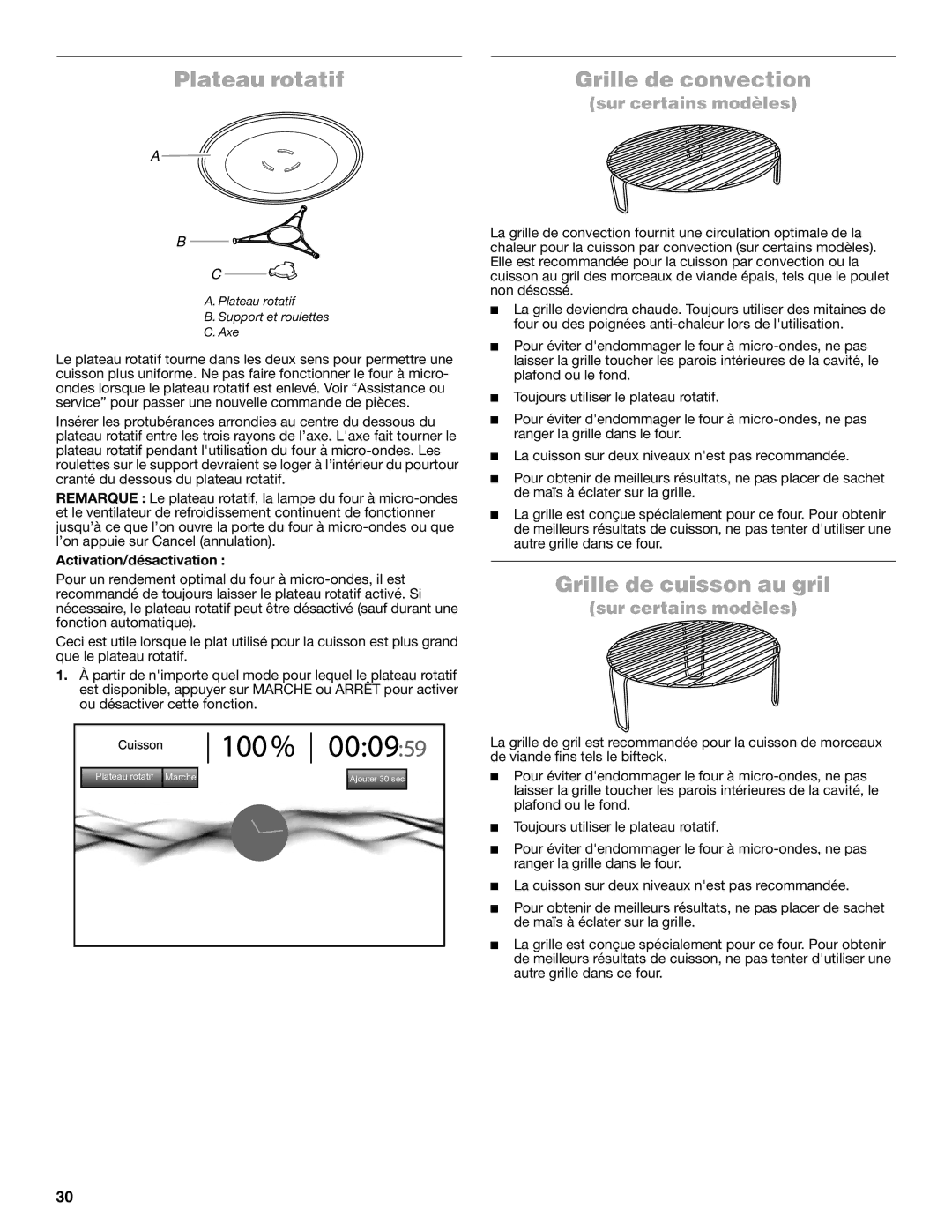 Jenn-Air JMW3430 manual Plateau rotatif, Grille de convection, Grille de cuisson au gril, Activation/désactivation 