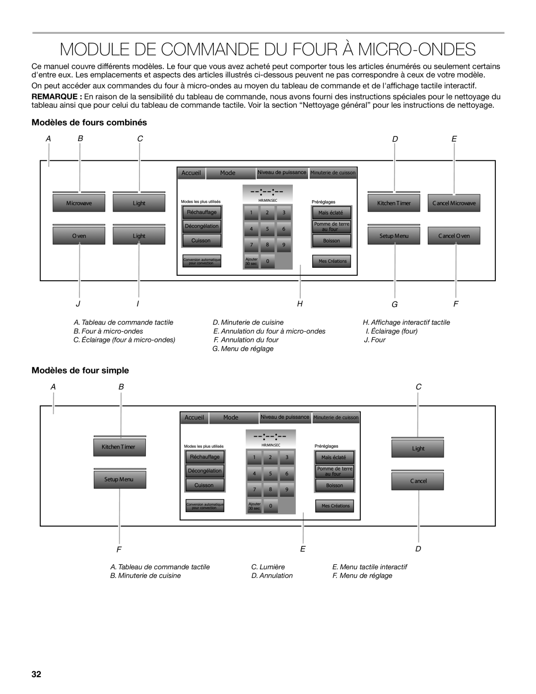 Jenn-Air JMW3430 manual Module DE Commande DU Four À MICRO-ONDES, Modèles de fours combinés, Modèles de four simple 