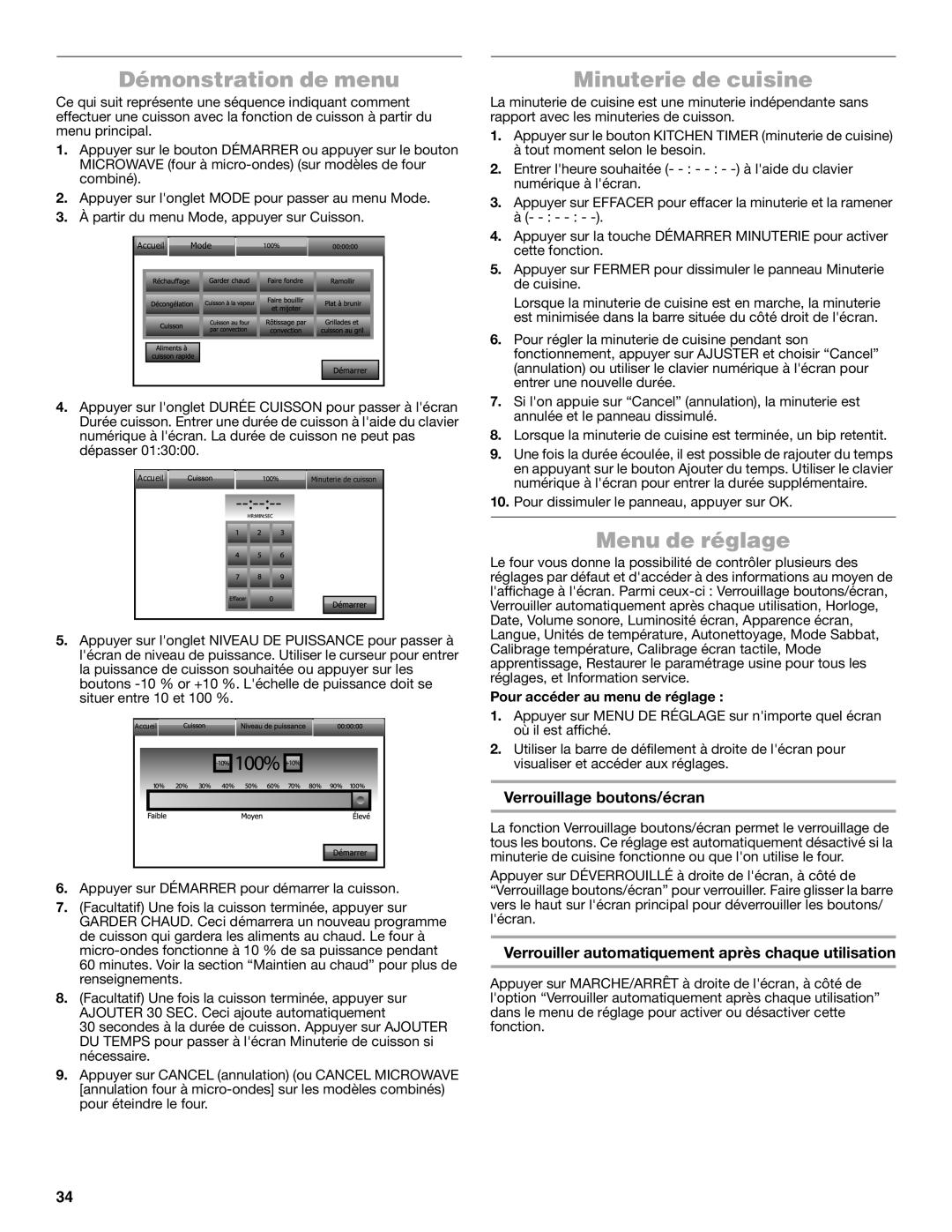 Jenn-Air JMW3430 manual Démonstration de menu, Minuterie de cuisine, Menu de réglage, Verrouillage boutons/écran 