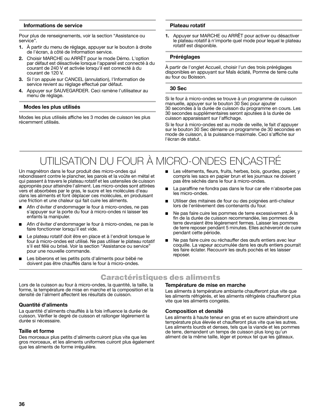 Jenn-Air JMW3430 manual Utilisation DU Four À MICRO-ONDES Encastré, Caractéristiques des aliments 