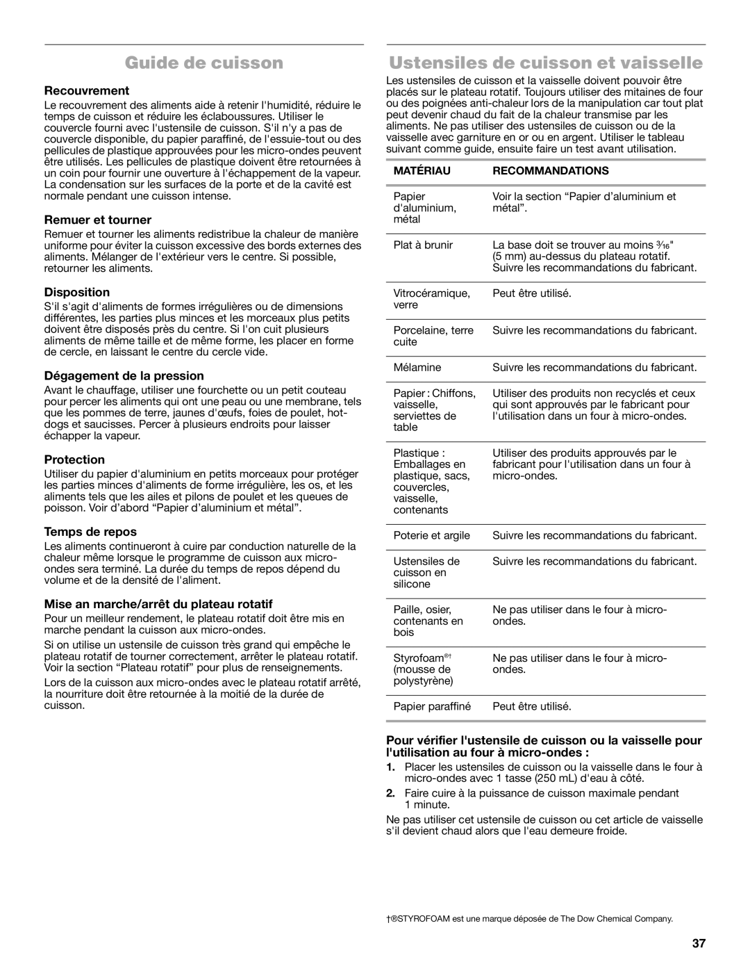 Jenn-Air JMW3430 manual Guide de cuisson, Ustensiles de cuisson et vaisselle 